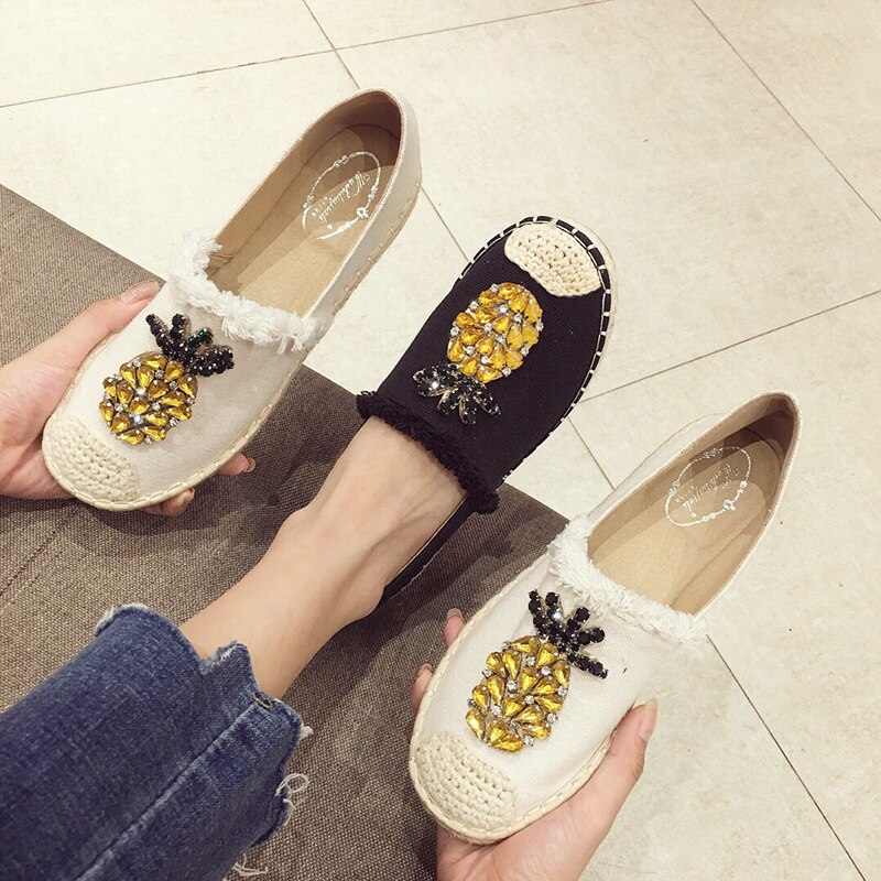 Nouvelles femmes Espadrilles chaussures plates cristal ananas chanvre pêcheur chaussures dames strass mocassins sans lacet chaussures simples S