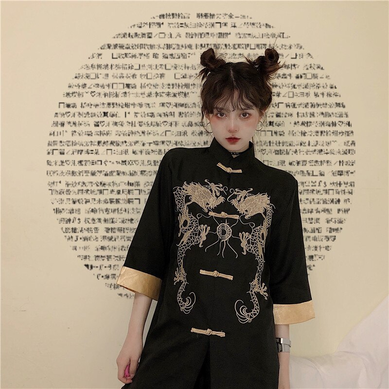 Chaqueta de estilo chino tradicional para niñas y mujeres, traje Tang gótico negro, camisa, vestido, blusa, Bordado de dragón con botonadura única