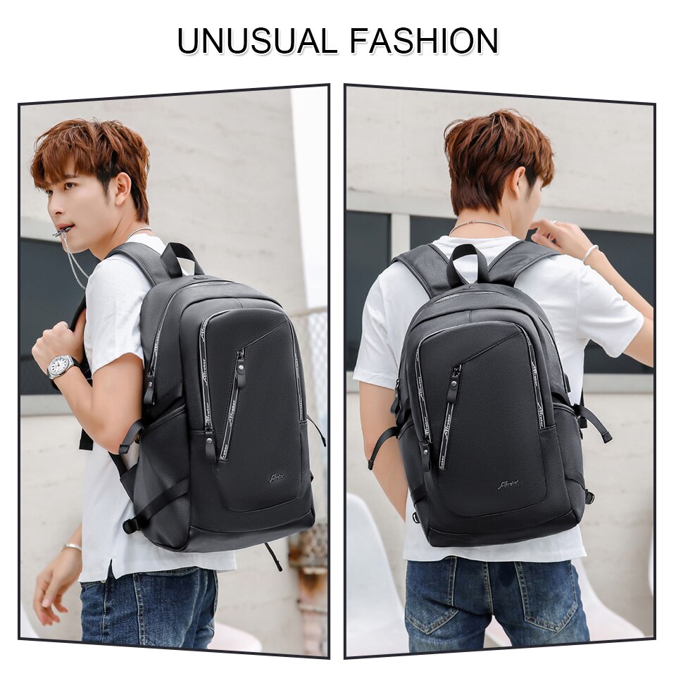 Laptop Backpack Large Men's Leather Backpack PU Waterproof Travel Business Backpack USB Charger Backpack Men's 15.6 Inch Men 002