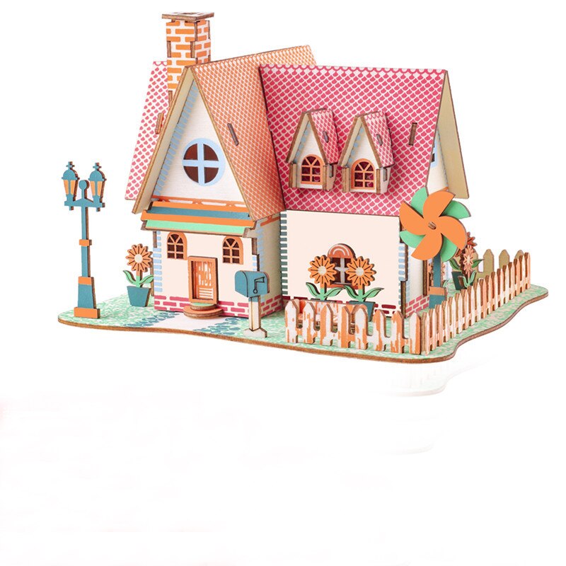 Wooden 3D three-dimensional handmade diy wooden puzzle cottage model children's toys: Light Yellow