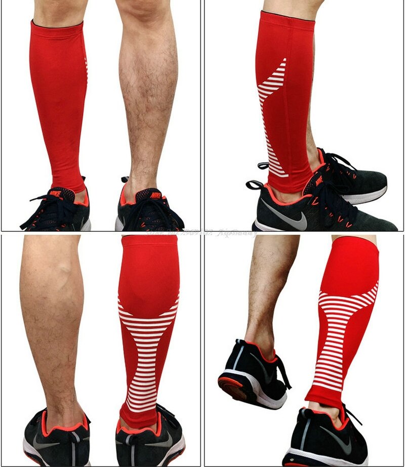 1 stks Streep Geen Slip Compressie Ademende Quick Dry Fietsen Beenwarmer Running Jogging Scheenbeschermer Kalf Protector Wandelen Brace: Rood / XL