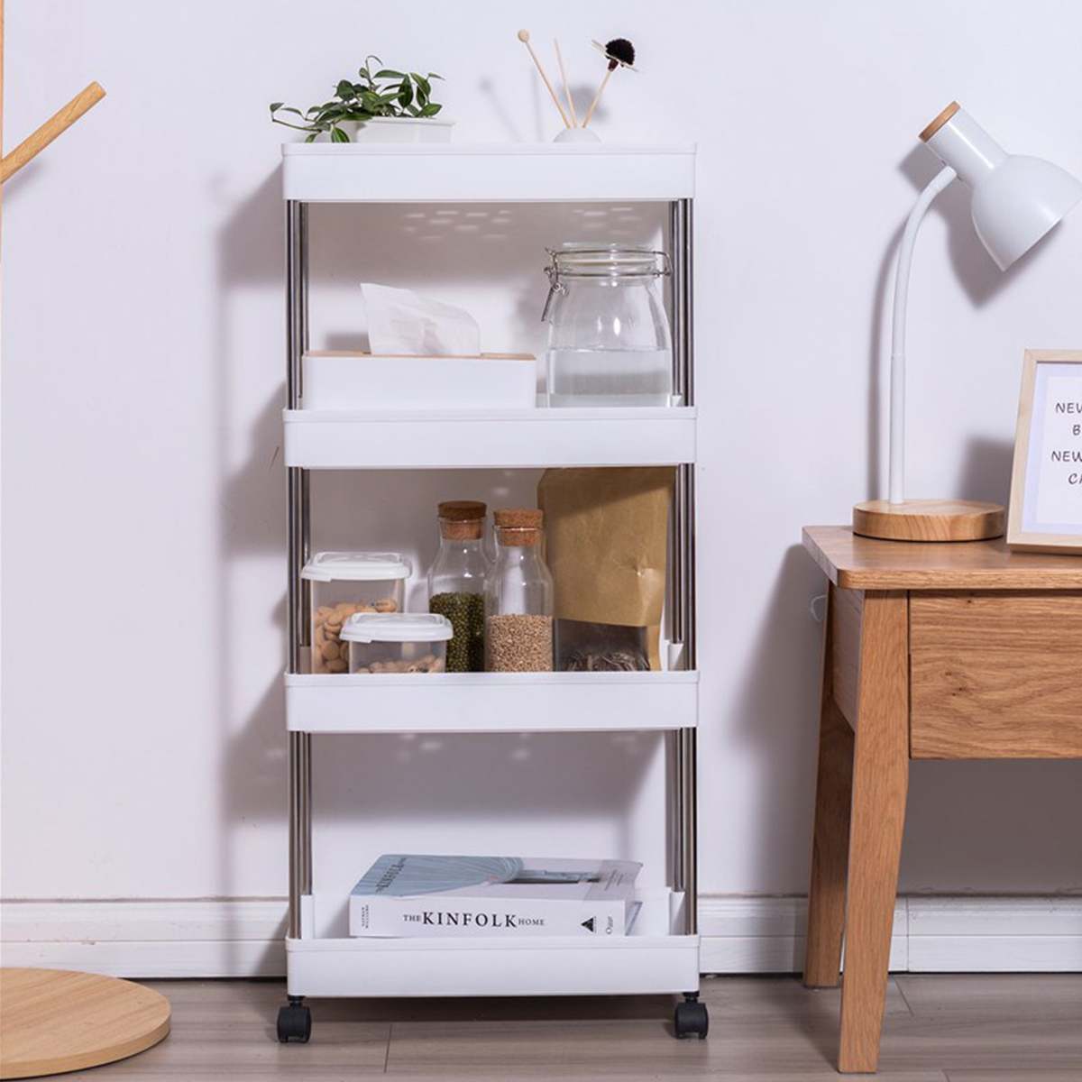 4 Tier Bathroom Storage Rack 3/4 Layers Kitchen Narrow Cabinet Living Room Gap Shelf Home Furniture Movable Wheels Shelf