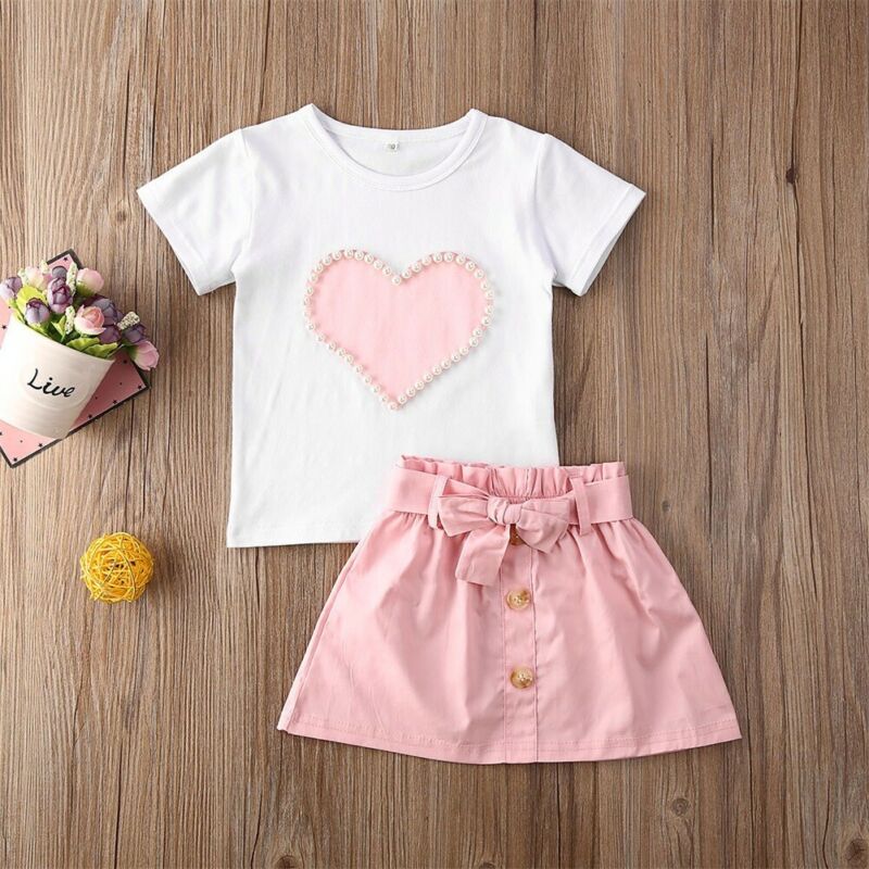 Baby Summer Clothing 1-5T Infant Kid Valentine Clothes Pearls Heart Top Shirt Skirt 2Pcs Set Outfit