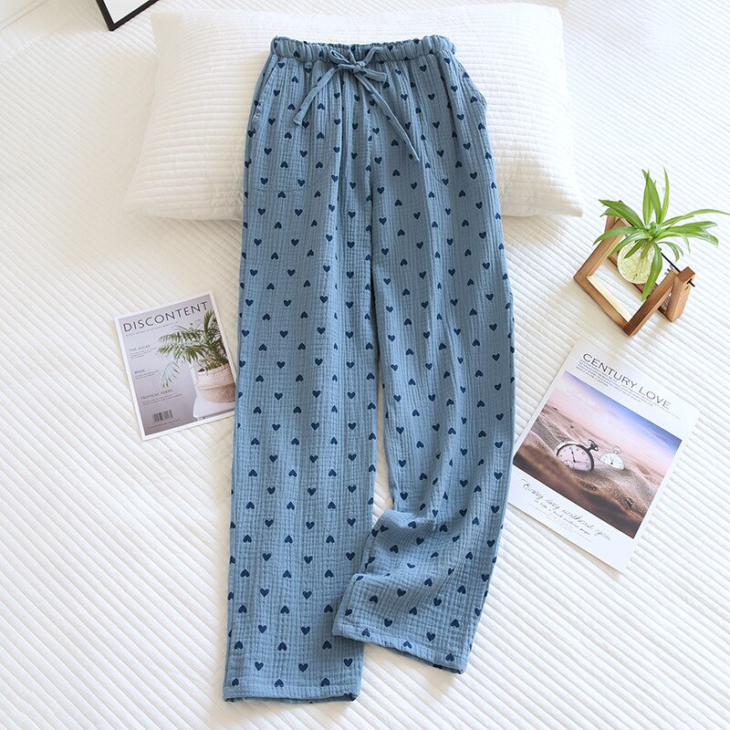 Pantalones de pijama 100% de algodón para el hogar, ropa de dormir suelta, informal, con estampado de amor: Blue love / L(55-65kg)