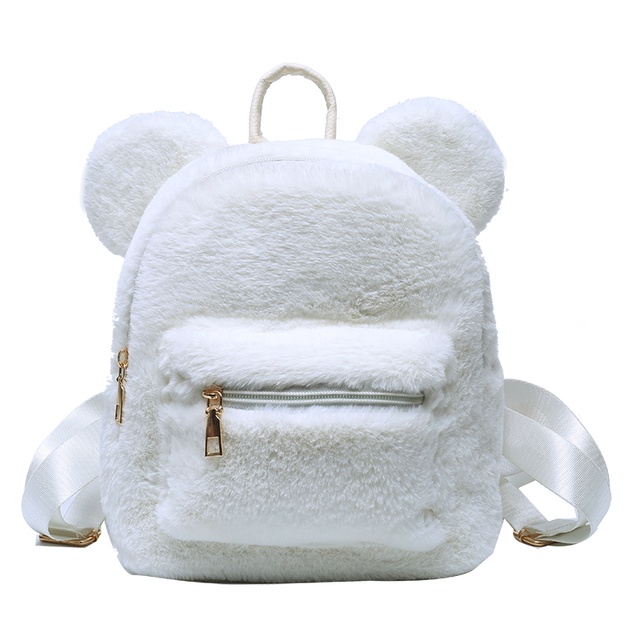 Urso impressão de pele do falso ombros saco urso orelhas de pelúcia mochila feminina bonito peludo saco novo inverno sacos para as mulheres 2022 novo: White Backpack