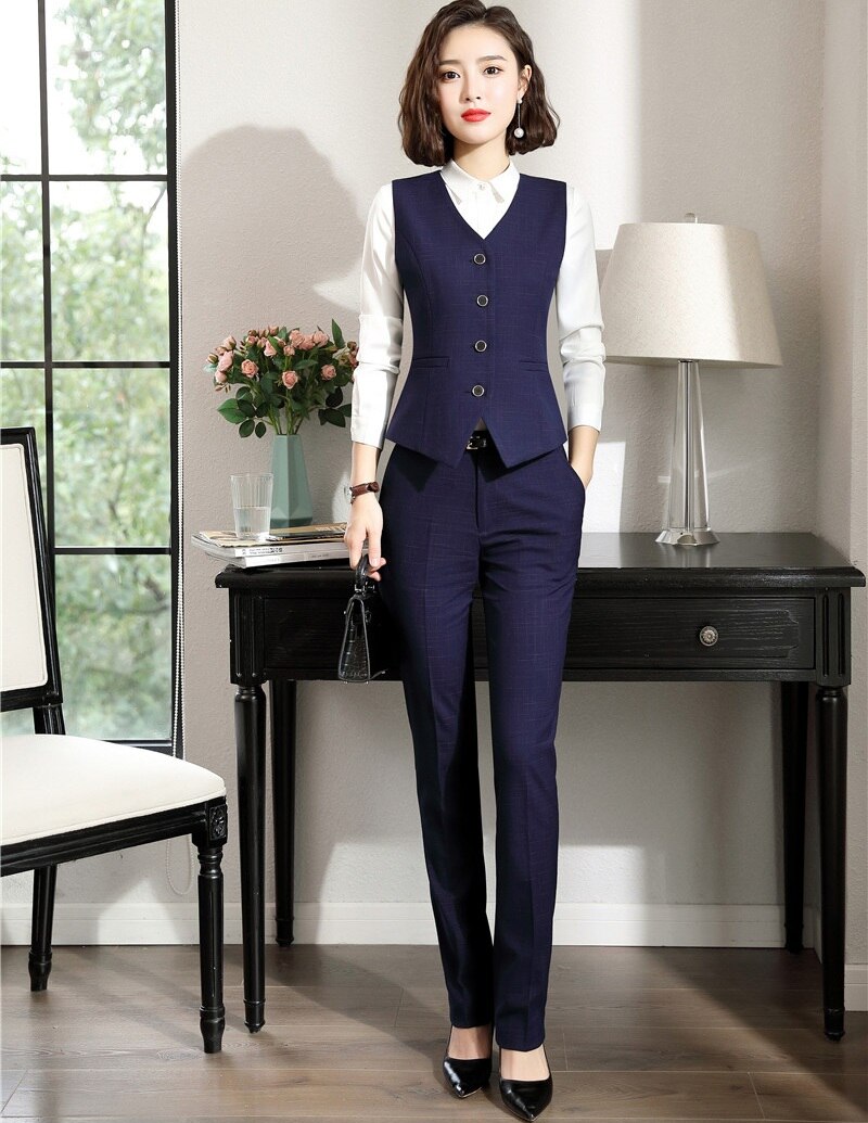 Formal Women Business Suits with Pant and Vest Set Work Wear Ladies Black Waistcoat Office Uniform Styles: Navy Blue / XL
