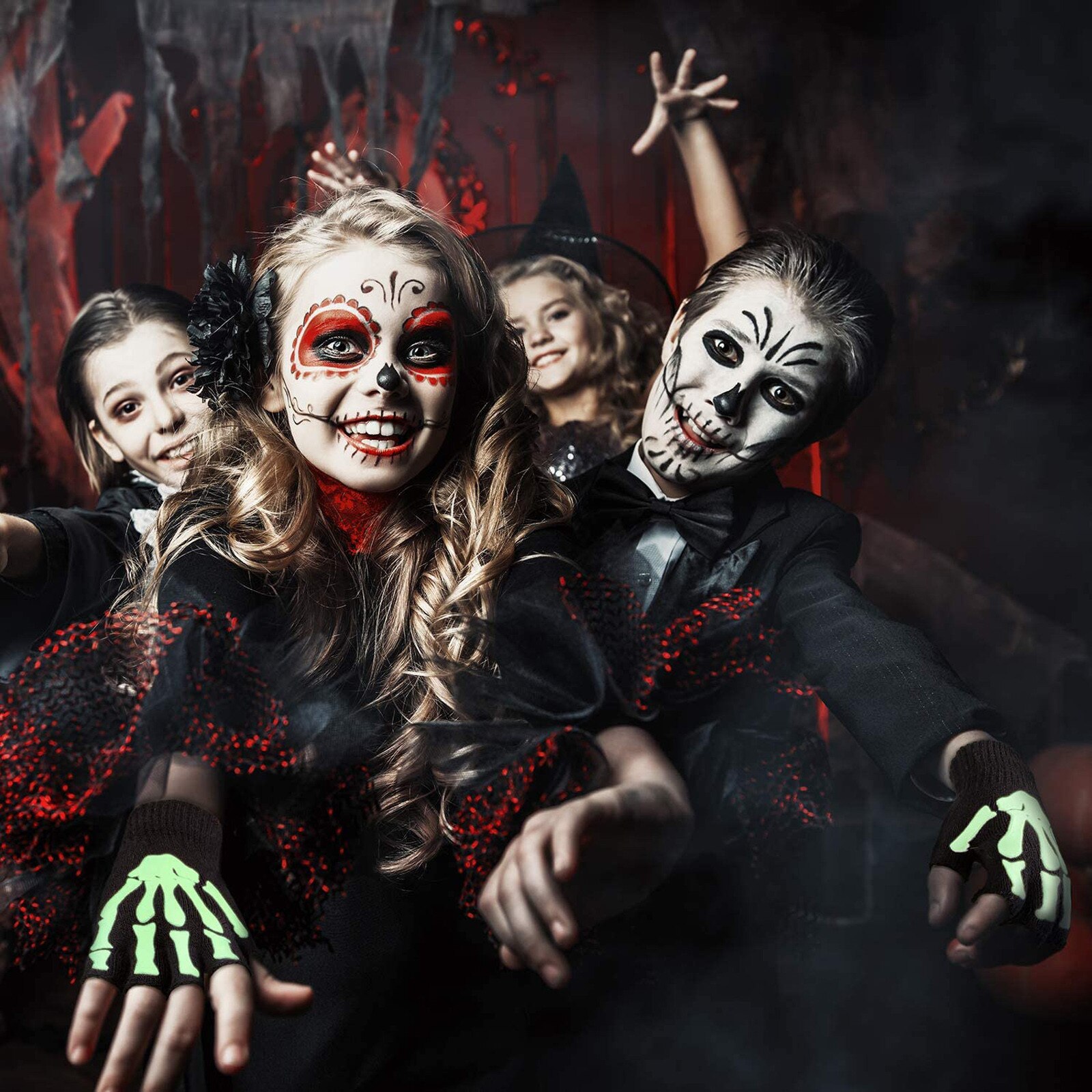 1/2/5 Pairs Kinderen Half Vinger Handschoenen Unisex Halloween Skelet Schedel Glow In The Dark Vingerloze Stretch Gebreide Winter mit