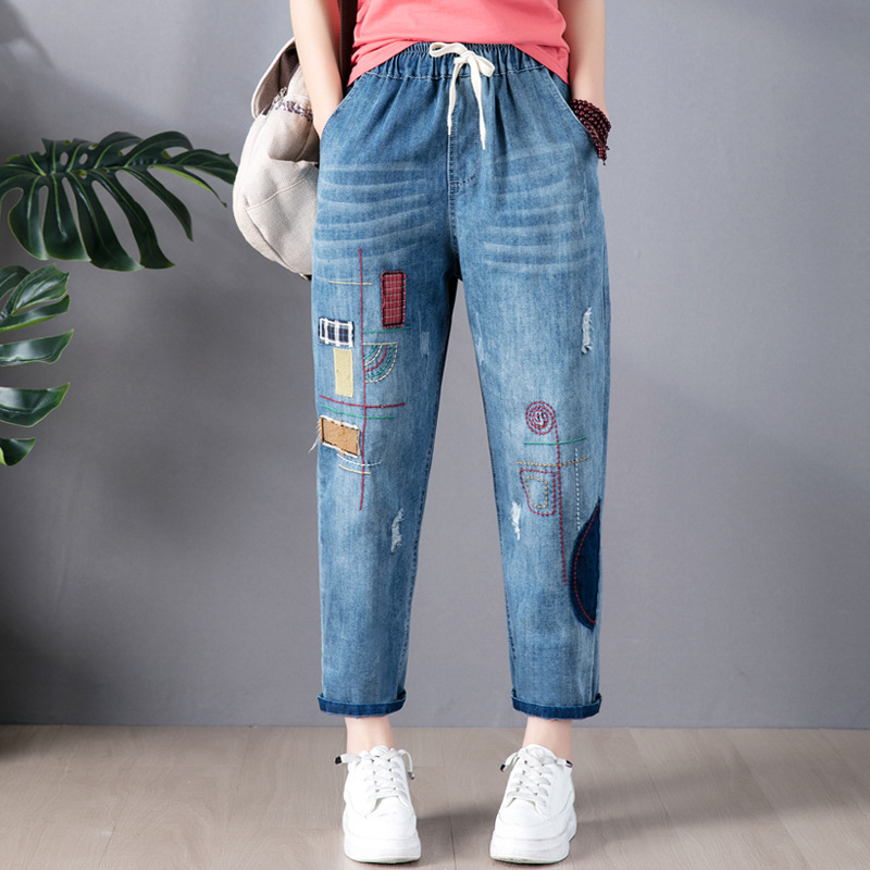 Pantalones vaqueros holgados para mujer, ropa de calle con bolsillo bordado, harén, informales, de cintura elástica, de algodón, Otoño, 9268: XXL