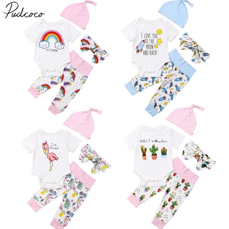 Baby Zomer Kleding Baby Kids Baby Meisje Jongen Kleding Cactus Print Korte Mouw Romper Tops + Broek + Hoofdband + hoeden 4 stuks Sets