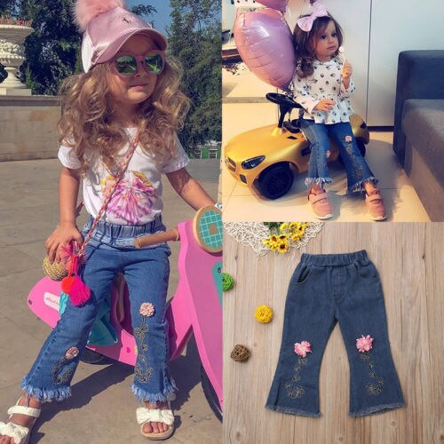 Pantalón vaquero de flores para chica, pantalón vaquero de flores en 3D con cintura elástica, para primavera y otoño