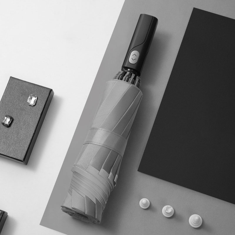 Windproof Reverse Folding Automatic Rain Umbrella Men Women 3Folding Rain Umbrella 10 Ribs Reflective Stripe Portable Parasol: Gray