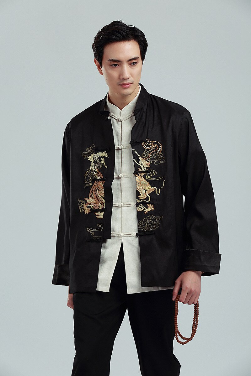Chaqueta de dragón bordada de estilo chino tradicional para hombre, Hanfu, blusa, traje Tang, camisas de kungfú, Tops, chaqueta