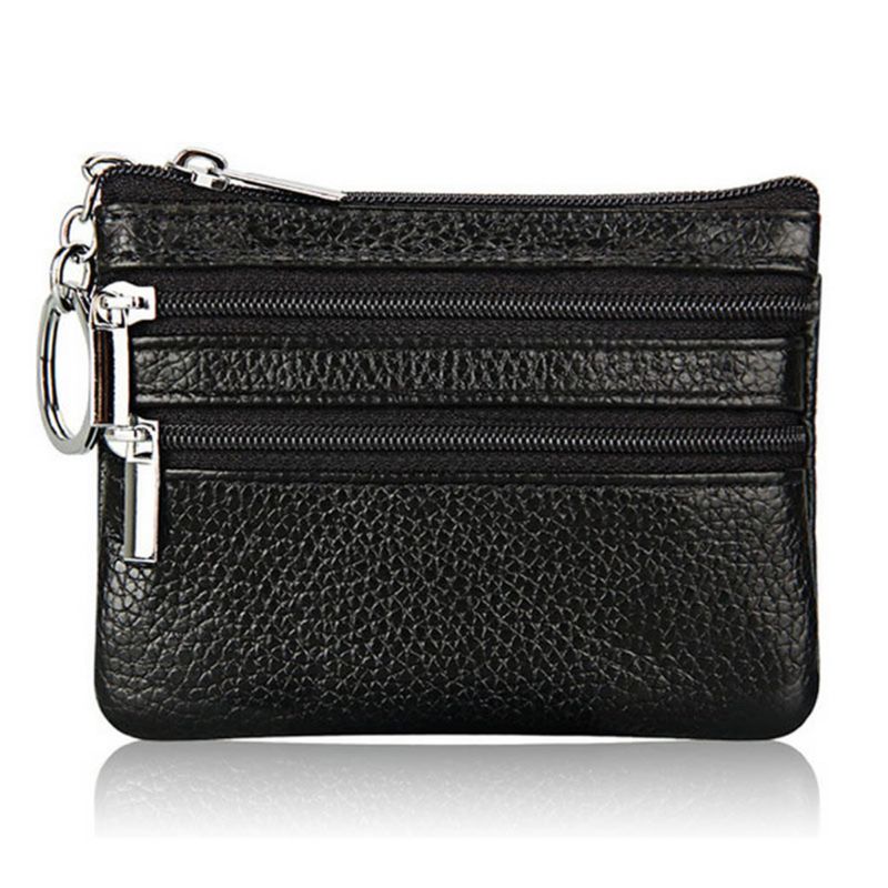 Women Men Leather Coin Purse Card Wallet Clutch Double Zipper Small Change Bag Purse wallet: Black Color
