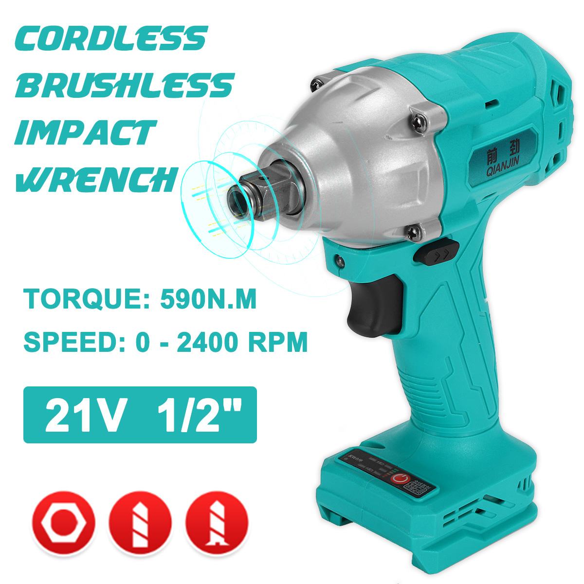 21V Brushless Cordless Electric Impact Wrench 1/2 inch Square Wrench Hand Drill Installation Power Tool