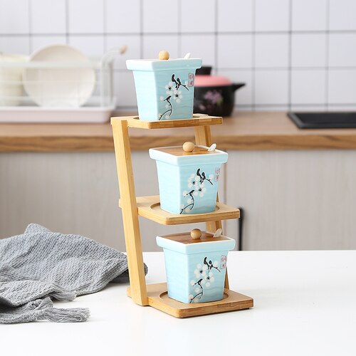 1/pcs Keramische kruiden jar trapeziumvormige bovenste en onderste laag bamboe plank Huishoudelijke peper zout glazen pot Kruiden opslag doos: D