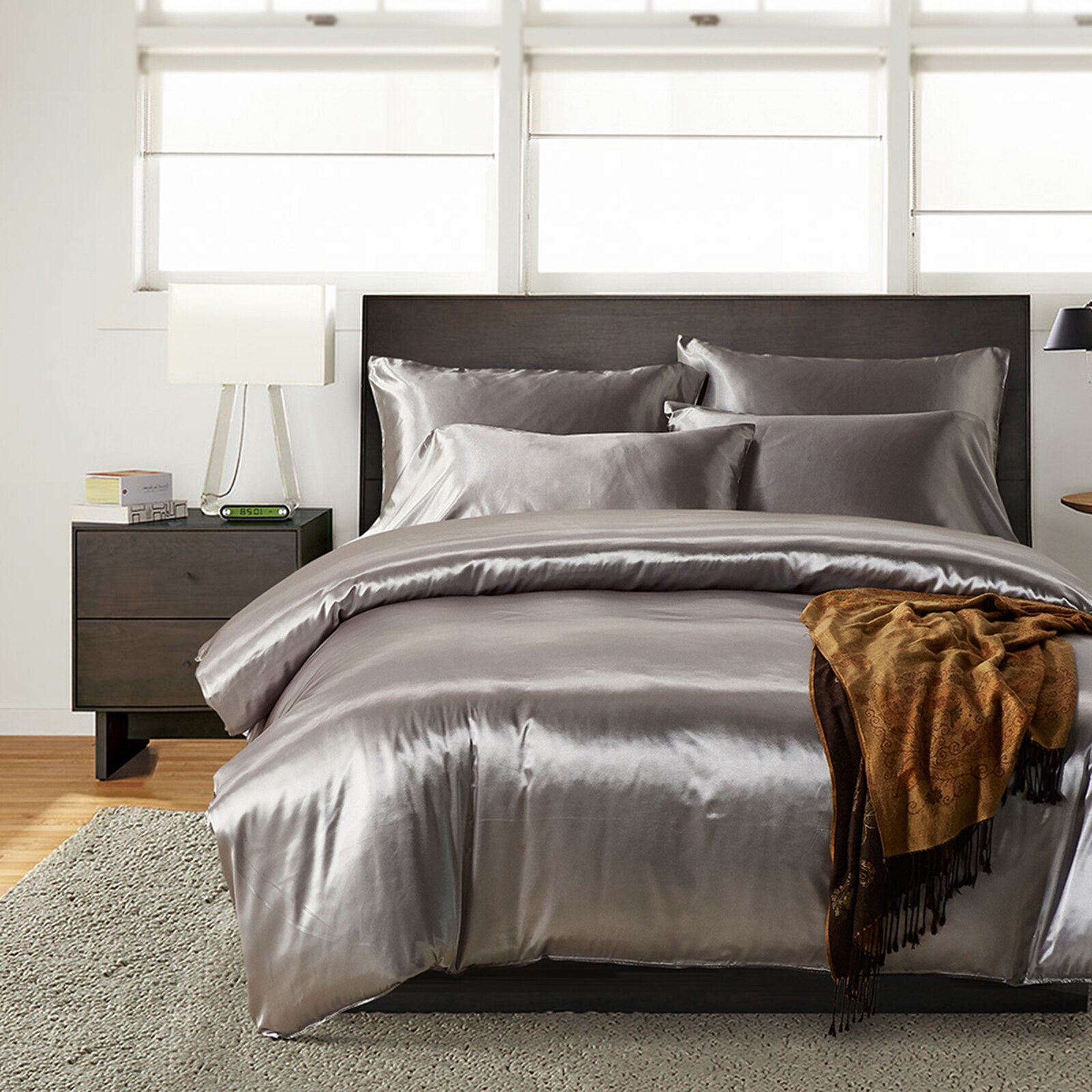 Satin soie ensemble de literie maison Textile King Size parure de lit lit vêtements housse de couette drap plat taies d'oreiller: Gris / Roi