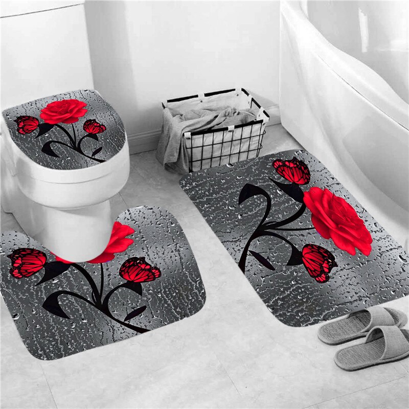 Rideau de Douche 3D Imperméable à Imprimé Rose en Polyester, Accessoires Disponibles en 5 Couleurs, Ensemble de Moquette de Décoration et Tapis de Bain Antidérapant pour toilette et Maison: 3PC Mat Set-C