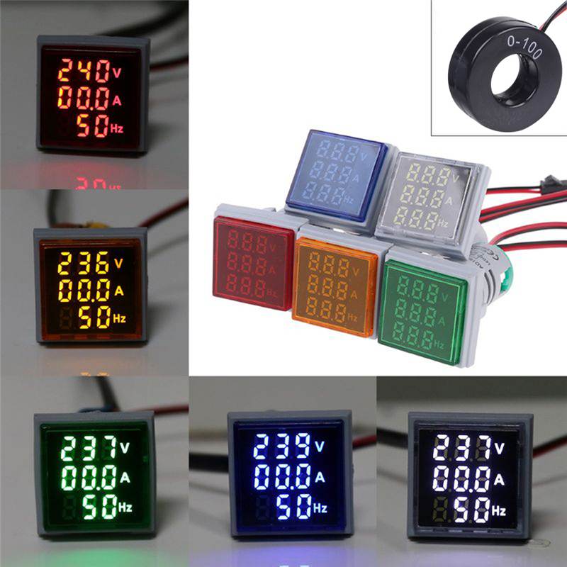 3 in 1 AC 60-500V 100A Square LED Digital Voltmeter Ammeter Hertz Meter Signal Light Current Combo Indicator Tester Round CT