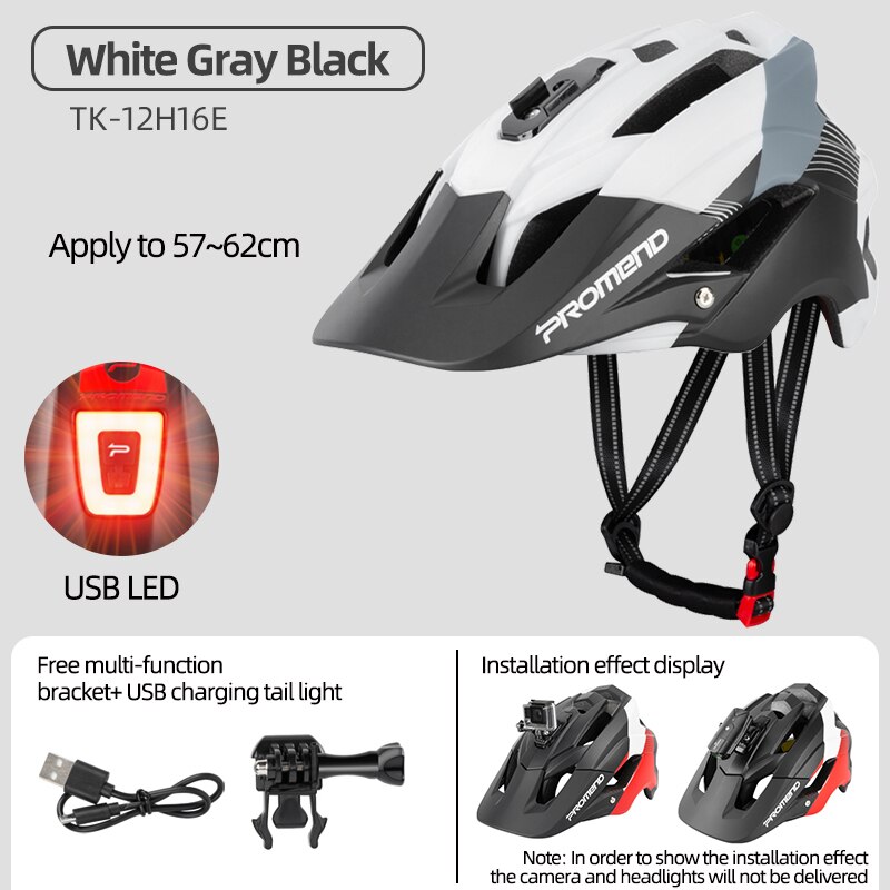 PROMEND – casque de vélo de descente, lumières LED, gopro, support de caméra, pour cyclisme sur route, Sport de plein air, équitation, pour hommes: White G Taillight