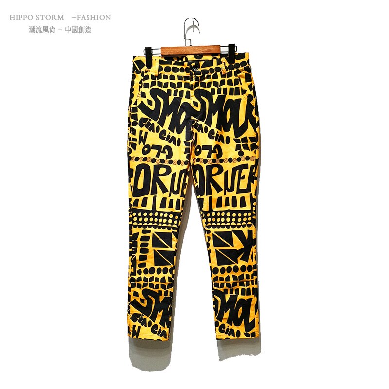 Hommes jaune lettre imprimé Floral costume pantalon Hip Hop discothèque scène chanteur DJ mâle pantalons décontractés chanteur scène