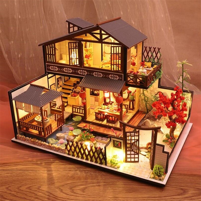 Chinese Style Diy Doll House Kit Handmade Miniature Furniture LED Lights Home Wedding Birthday Christmas
