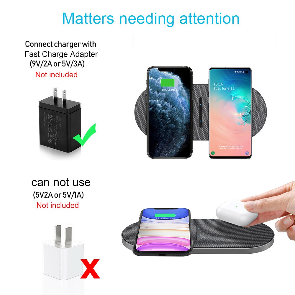 FDGAO 2 in 1 20W Dual Seat Qi Wireless Charger for Samsung S20 S10 Double Fast Charging Pad for iPhone 11 XS XR X 8 Airpods Pro