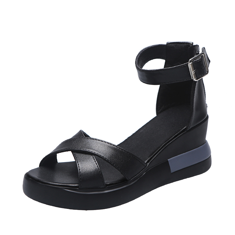 Zapatos de cuña para Mujer, Sandalias de tacón alto con punta abierta de Color sólido, informales, con correa de hebilla, a la , de verano: Negro / 38