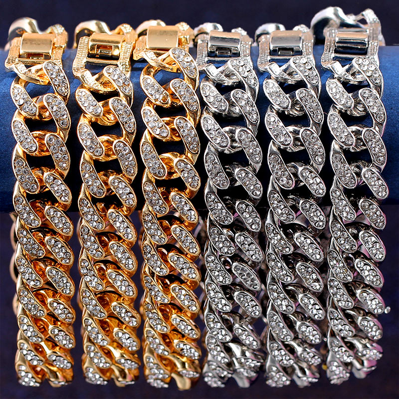 Cuban Thick Link Chain Bracelet Punk Luxury Crystal Bracelets for Women Men Jewelry Gold Color Rhinestone Bangles Bling