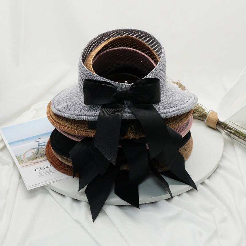 Sombreros de Sol para mujer, sombrero de paja plegable con lazo clásico, de ala grande, informal, para playa al aire libre, protección UV, para verano