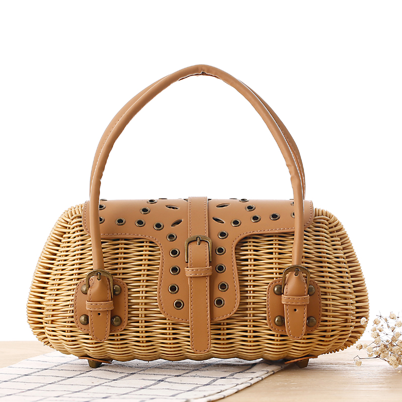 Ins handbags women bamboo top handle bags female causal totes small hollow summer beach bags for ladies and girls wood