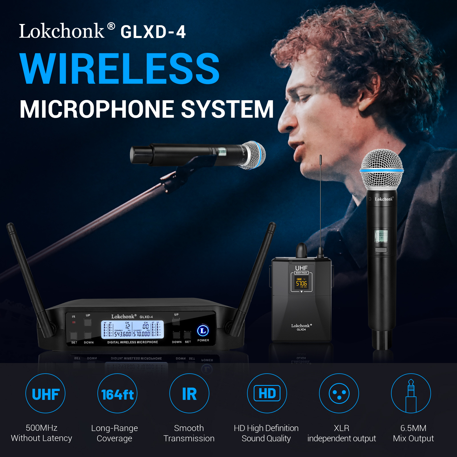 GLXD4 BETA58 MICRÓFONO INALÁMBRICO Dual , sistema de karaoke para el hogar, actuaciones de escenario, UHF dinámico, 2 canales de mano
