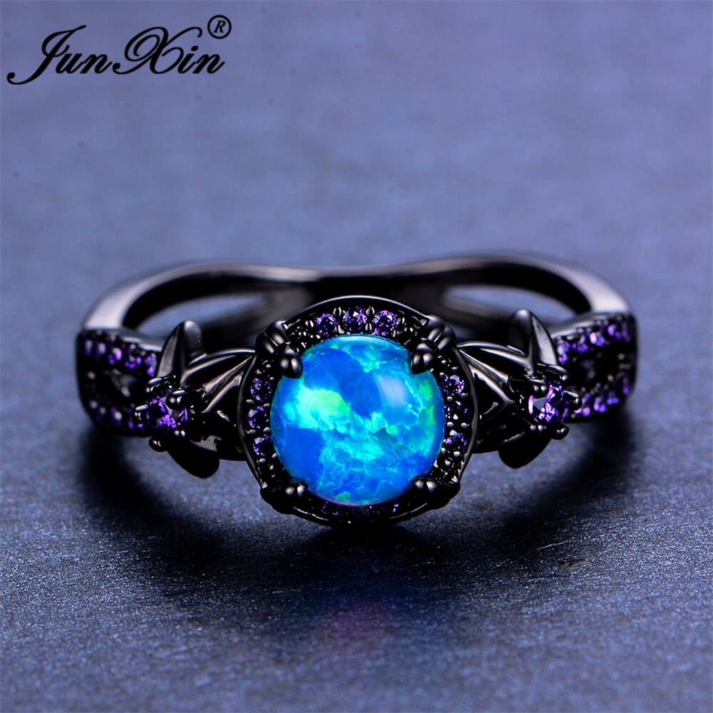 Vrouwelijke Blue Fire Opal Ring Paars Zircon Ring Zwarte Goud Kleur Sieraden Vintage Trouwringen Voor Vrouwen