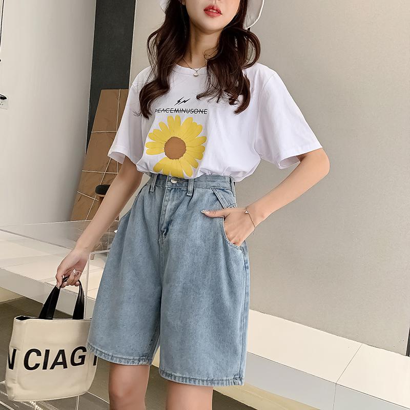 Ftlzz kvinde brede ben høj talje blå knælange jeansshorts afslappet kvindelig løstsiddende jeans vintage damer bermuda shorts: Xl