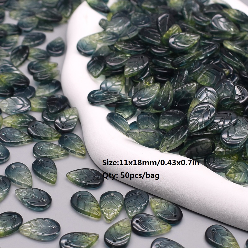 11x18mm 50pcs/Bag Green Glass Tree Leaves Charms Leafs Beads Pendants For Jewelry Making Handmade Glass Crafts Bracelet Earring