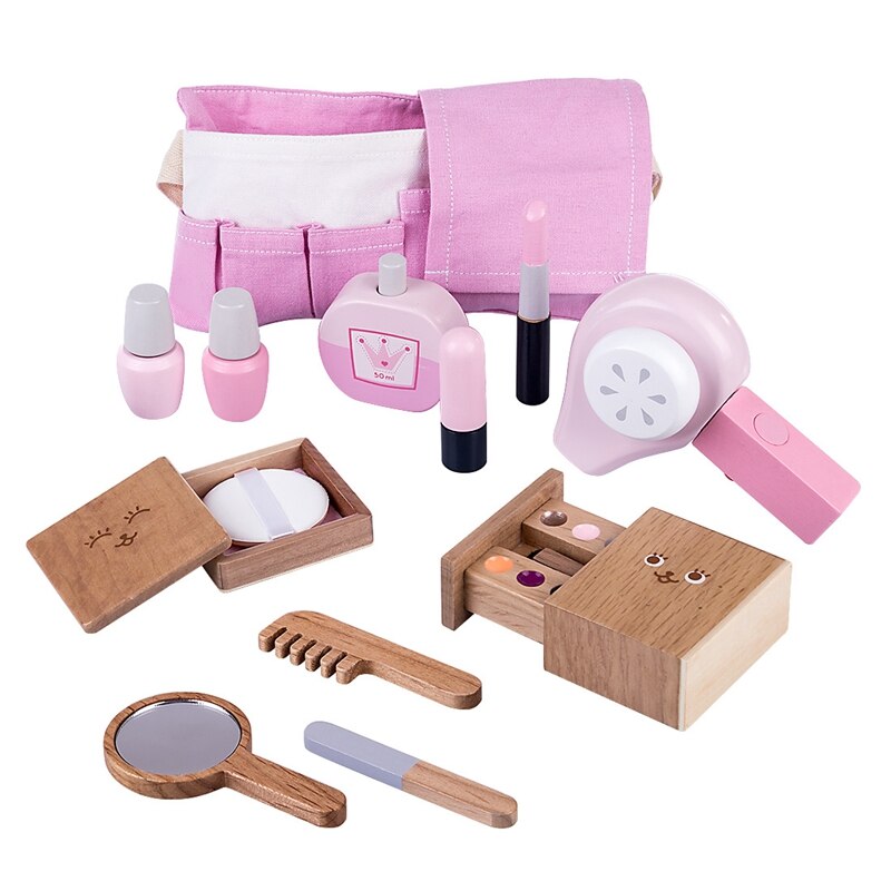 12Pcs Kit Wooden Beauty Salon Pretend Makeup Playset Toy Role Play Cosmetics Toy Simulation Beauty Accessories for Kids