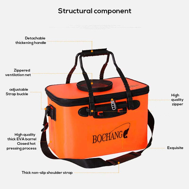 Seau De Pêche Pliable EVA 50cm - Imperméable Avec Poches Et Sangle - Orange