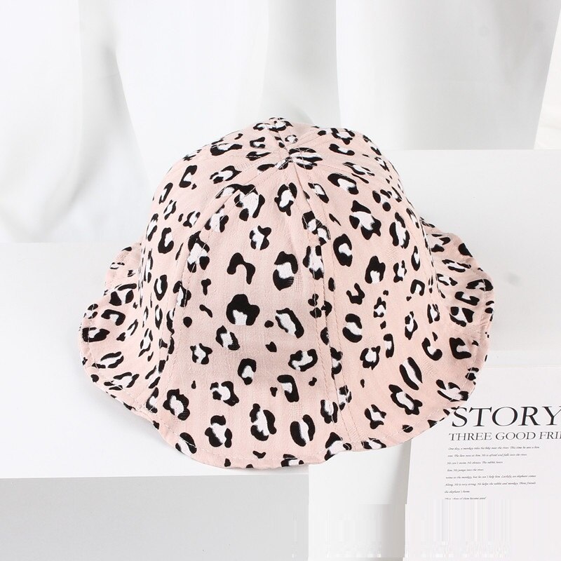 Vår sommar baby flickor solhatt tecknad leopardmönster bomull baby hatt barn pojkar hink hatt barn sol mössa: Rosa