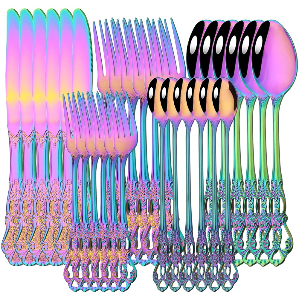 Drmfiy 6/30Pcs Silver Dinnerware Set Knife Dessert Fork Spoon Flatware Stainless Steel Cutlery Kitchen Silverware Tableware Set: 30Pcs Rainbow