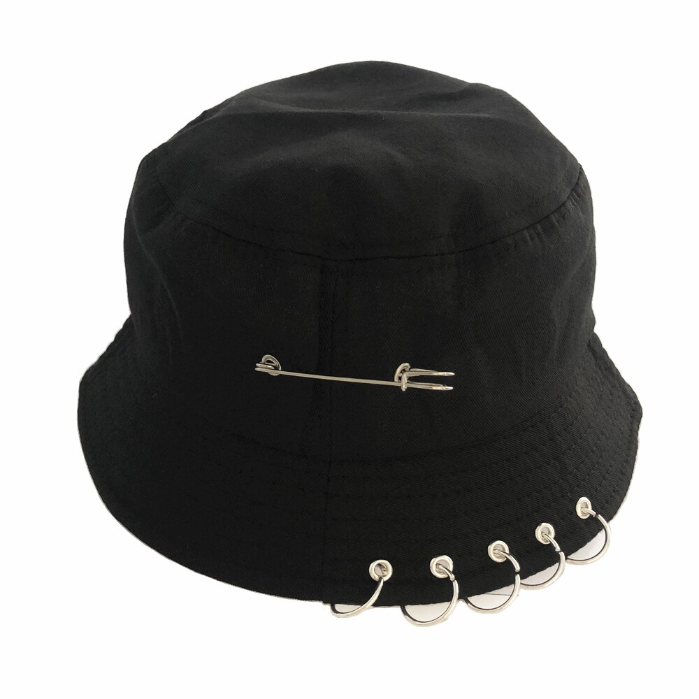 Xaybzc ensfarvet jern pin ringe personlighed spand hat cap til unisex kvinder mænd bomuld fiskere kasketter fabrikken sælger direkte: Sort