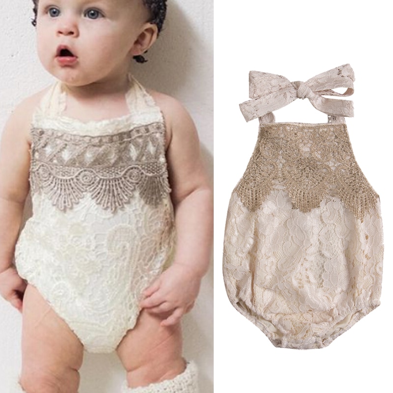 Solid Sleeveless Self Tie Straps Lace Romper for Baby Girl
