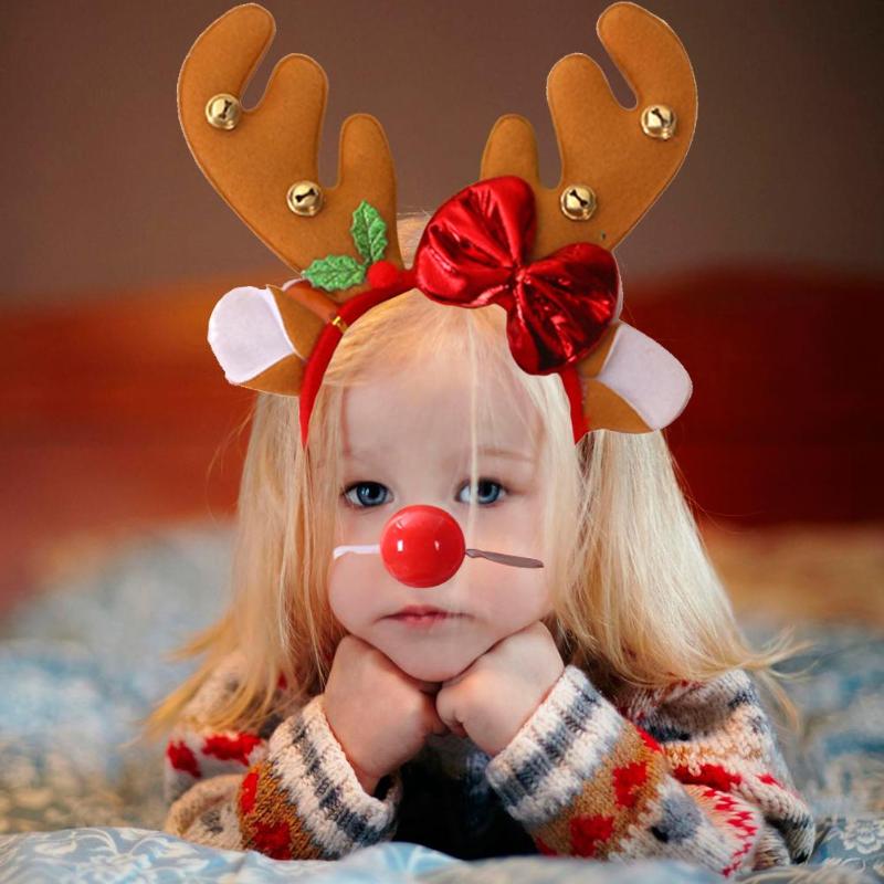 Lovely Christmas Headband with Red Nose Reindeer Antlers Hair Hoop for Kids Headwear Festival Decorative Accessories