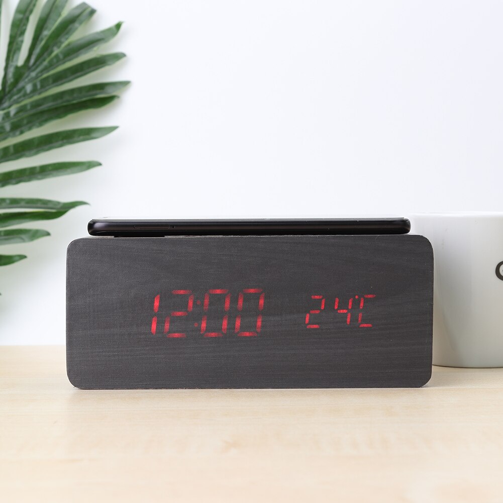 Wooden Alarm Clock with Wireless Charging Pad LED Digital Sound Control Phone Charge Multifunction Snooze Desk Clock