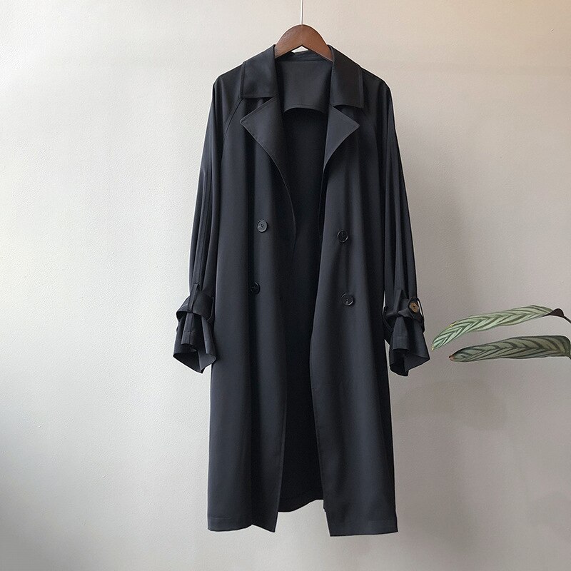 Chiffon Female Trench Coat Autumn Beige Women's Long Trench Solid Color Loose Coat Summer Office Ladies Outerwear Cardigan: Black trench coats / M