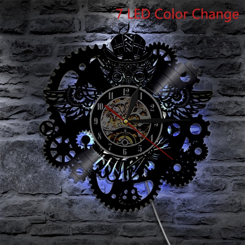 Vinylplade vægur moderne 3d dekorative steampunk ur med 7 forskellige farver led skift gear vægur hjemindretning: 7 førte farveændring