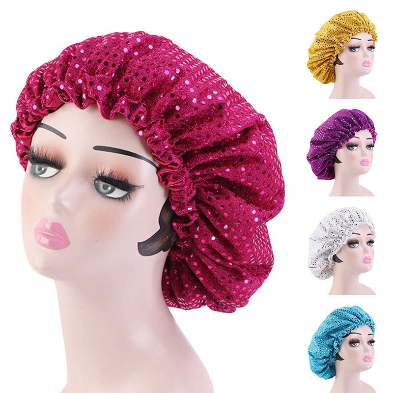 Grand Bonnet en Satin doublé pour femmes, grande taille, paillettes, soie, pour dormir la nuit, couvre-tête,