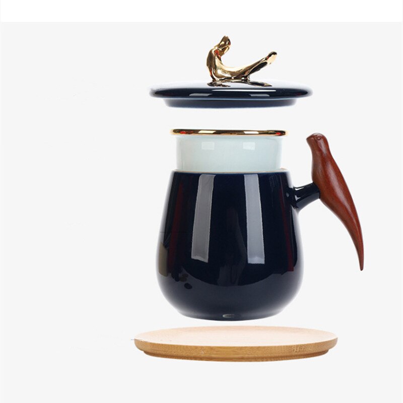 Ceramic Bird Coffee Mug With Wooden Handle Milk Mugs Large Lid Self Stirring Tea Cups European Mugs