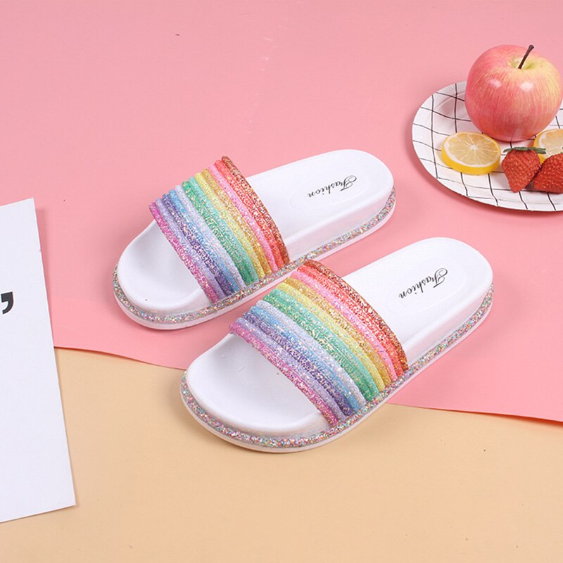 Regenboog Platte Slippers Vrouwen Bling Kleurrijke Zomer Schoenen Antislip Zachte Outdoor Strand Meisjes Slides Thuis Schoenen Dames Sandaal: White / 8