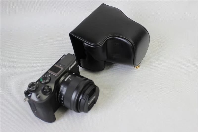 Étui en cuir pu pour appareil photo canon eos  m6, eosm 6, eosm 6 15-45mm housse de protection pour objectif avec sangle: Noir