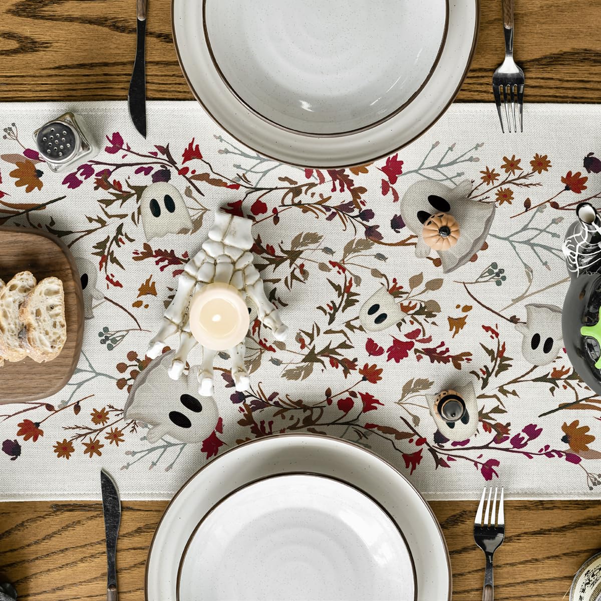 Spökblommor löv halloween bordslöpare, säsongsbetonad höst kök matbordsdekoration för hemfestdekor