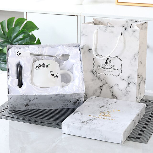 380ml Cartoon Panda Ceramic Mug Glass Cute Couple Cup Coffee Milk Cup Office Cup with Lid Spoon Girl: C with gift box